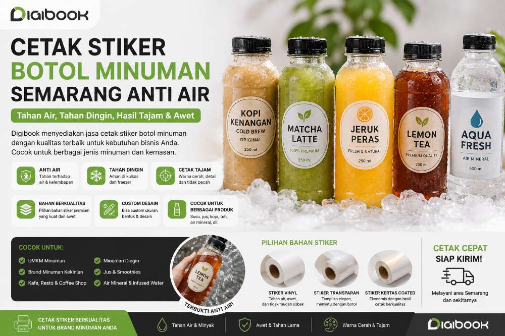 Cetak stiker botol minuman Semarang anti air