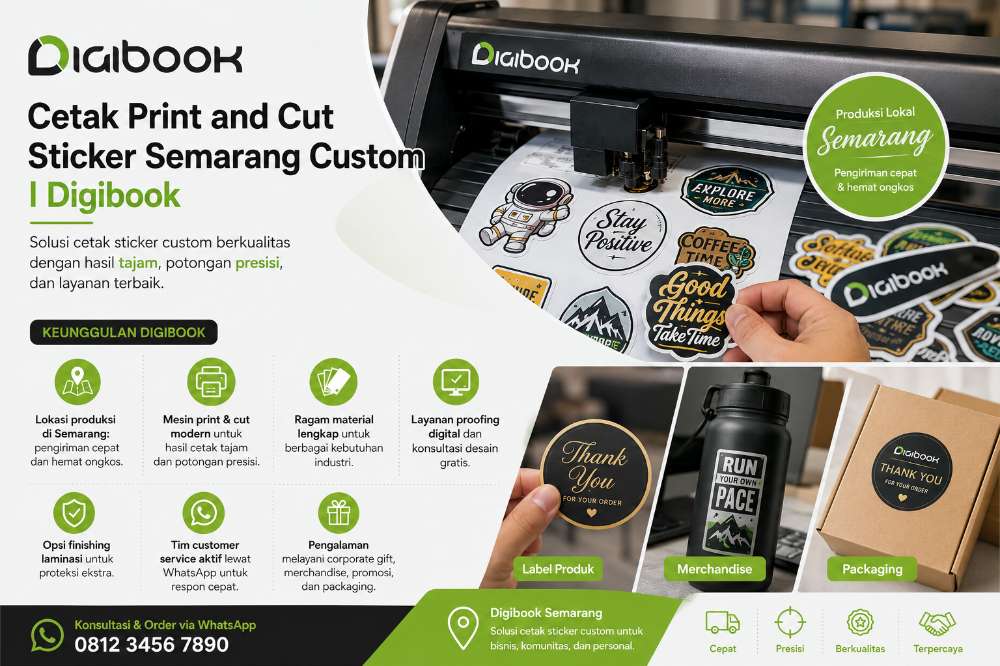 Print and cut sticker Semarang bentuk custom di meja produksi Digibook