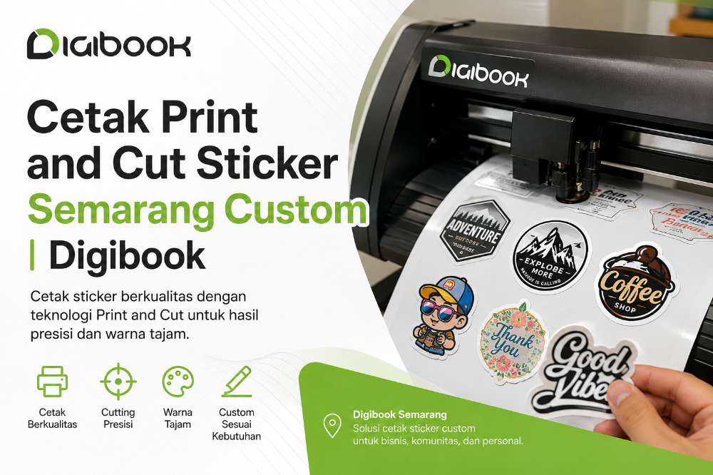 Print and cut sticker Semarang bentuk custom di meja produksi Digibook