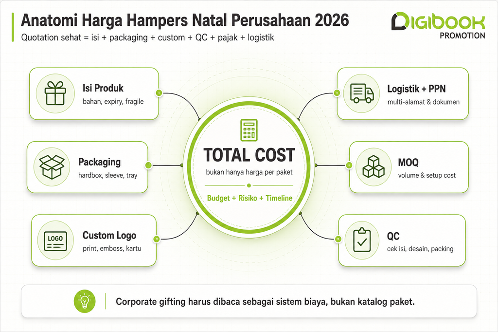 nfografis faktor penyusun harga hampers Natal perusahaan 2026.