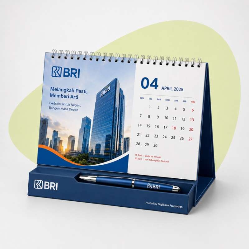 Kalender meja custom 2027 dengan holder pen untuk corporate gift perusahaan